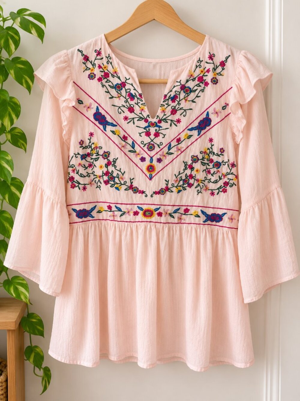 Pink Floral Embroidered Boho Folk Blouse